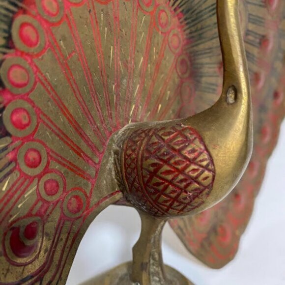 Vintage Indian Hand-Etched Red Green Enamel Brass Peacock Figurine 8" - Picture 11 of 12